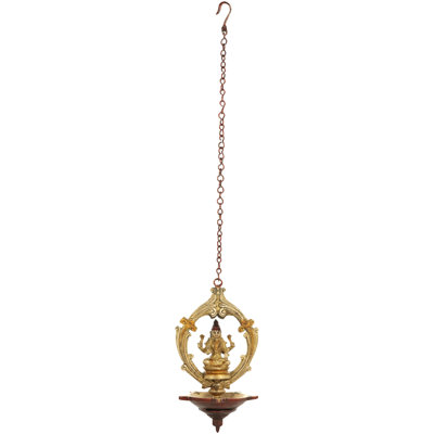 10" Handcrafted Goddess Lakshmi Hanging Brass Lamp – Temple Ceiling Light with Chain