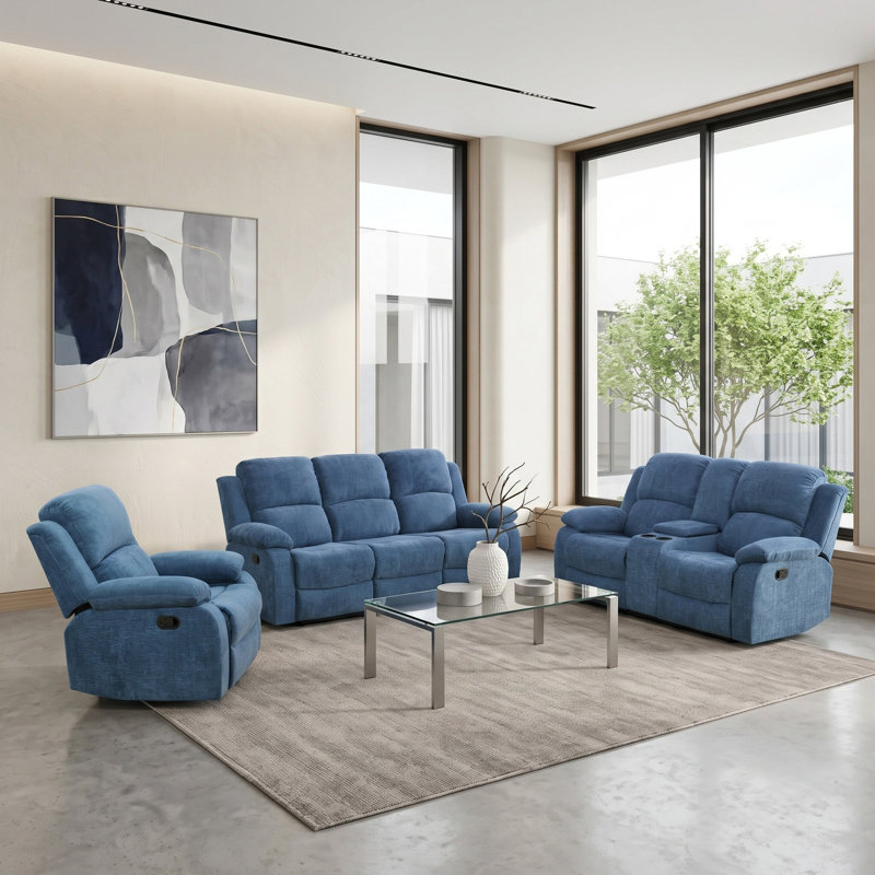 Ensemble de canapé de salon 3 pièces Nordelle, 3 pièces: chaise, causeuse, canapé, Microfibre bleue