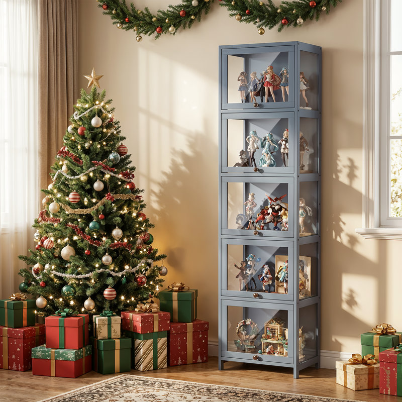 5-Tier Display Cabinet With Acrylic Flip Up Door, Foldable Curio Cabinet Collection Display Showcase Bookshelf