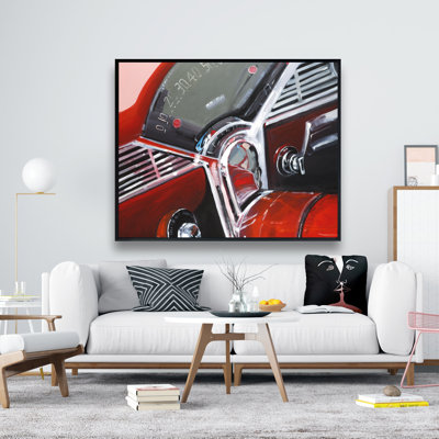 Vintage Red Car Dashboard - Framed Canvas Home Decor Art