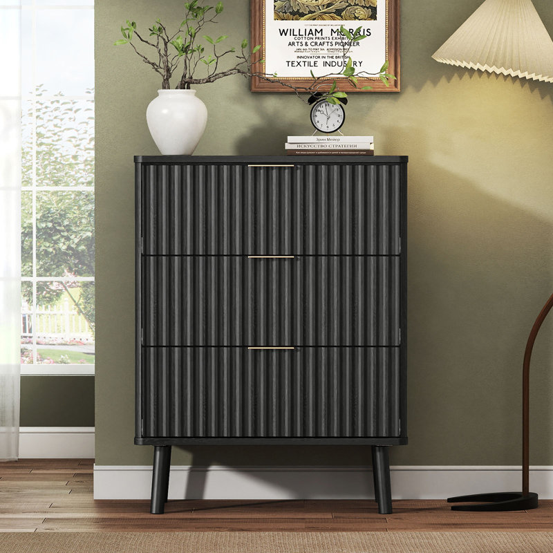 Fluted Nightstand, Mid Century Modern Wood Night Stand with 3 Drawers, Black, Individual