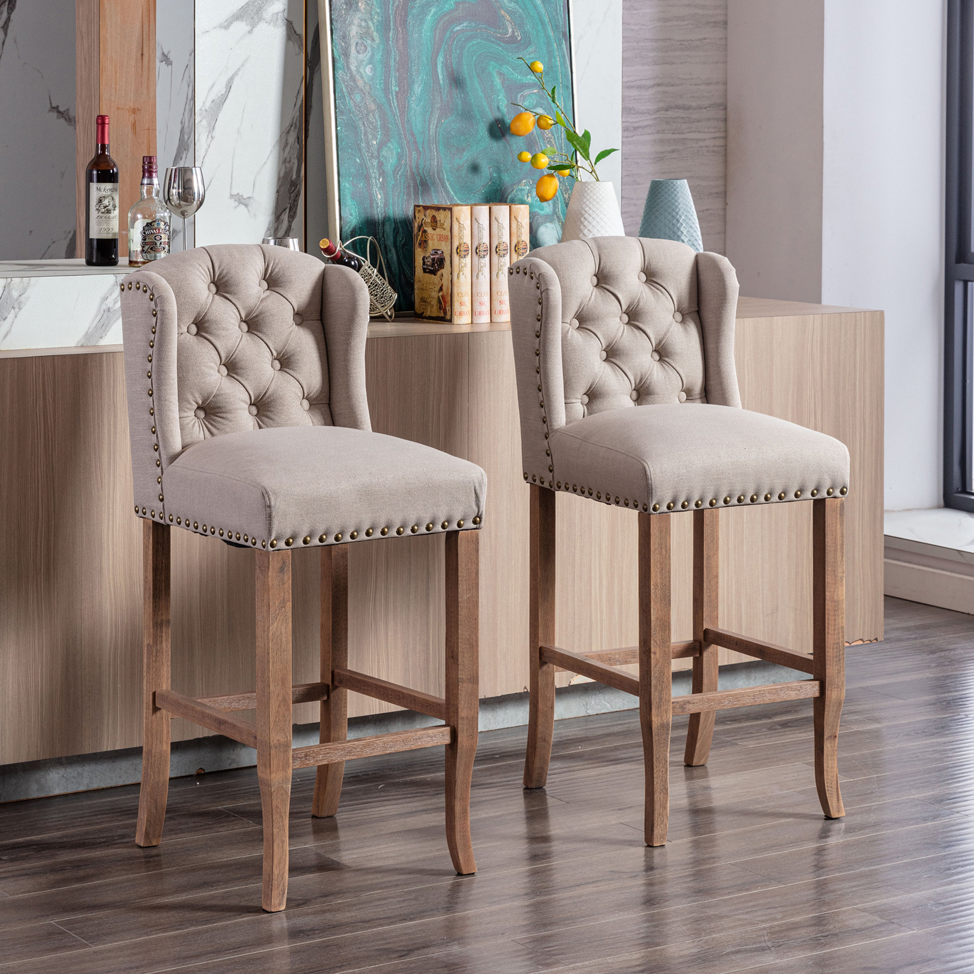 Otteridge Upholstered Counter Height Bar Stools Breakfast Chairs With Nailhead Trim Wood Legs 