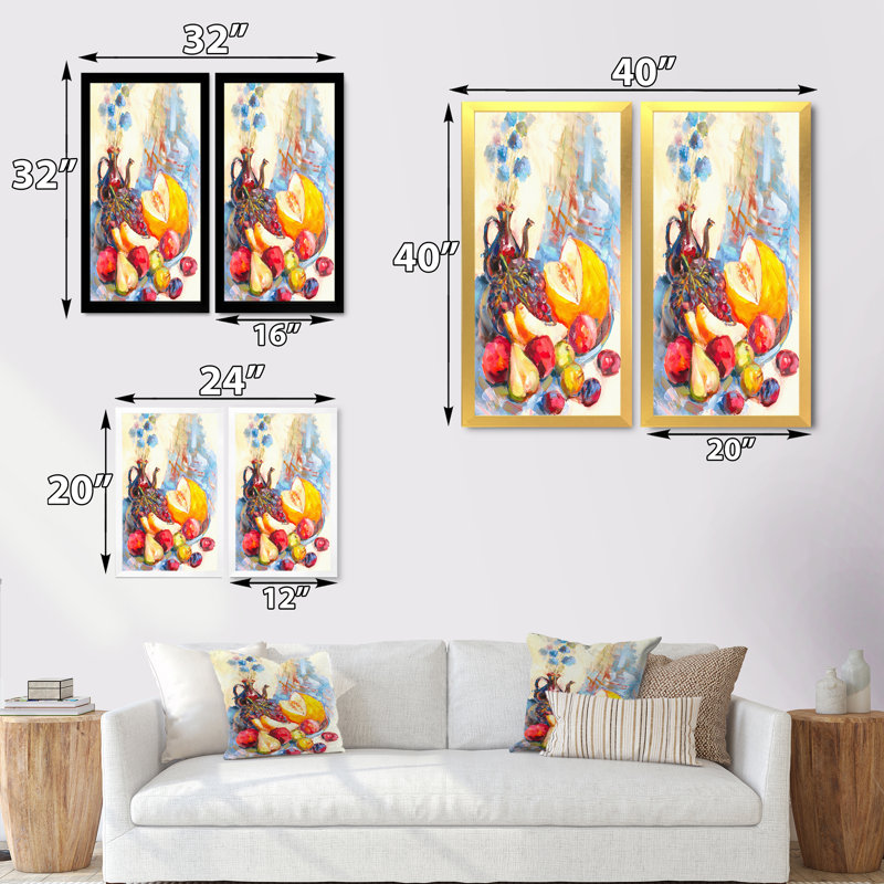 Fleurs et fruits impressionnisme VI - Ensemble de 2 peintures sur toiles, H 32 po x l 32 po x P 1 po, Cadre photo doré