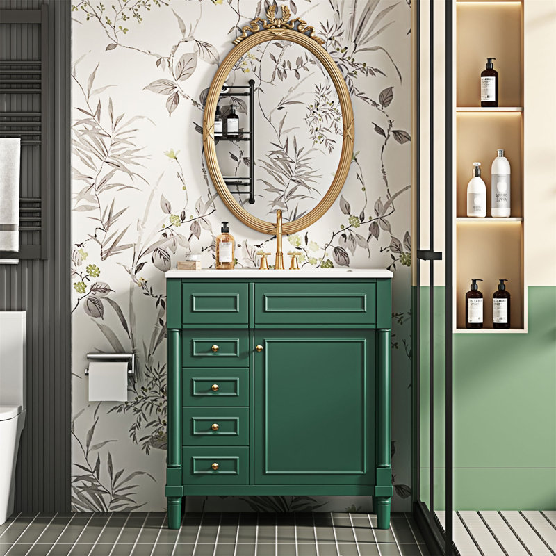 Meuble-lavabo autoportant avec lavabo, Vert, Doré