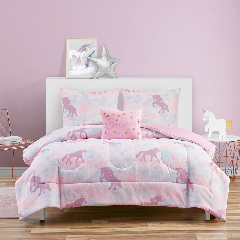 Ensemble d'édredon réversible en microfibre rose Cotillard, Édredon simple + 1 taie décorative + 1 coussin d