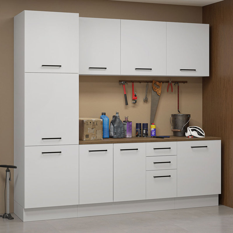  Garage Storage Cabinet Set 94 Inches L with 9 Doors Multiple Compartments and 3 Drawers Modular Organization Pantry Base Cabinet Wall Cupboard - White