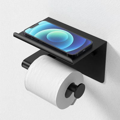 Matte Black Toilet Paper Holder With Shelf, Self-adhesive Wall Mount, Rustproof Stainless Steel, Fits Mega Rolls