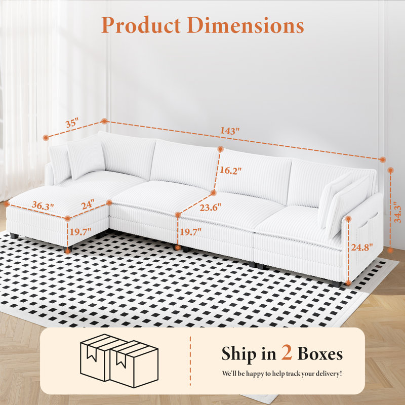 Canapé modulaire en L 143 po avec 1 repose-pieds Cloud, Velours côtelé blanc