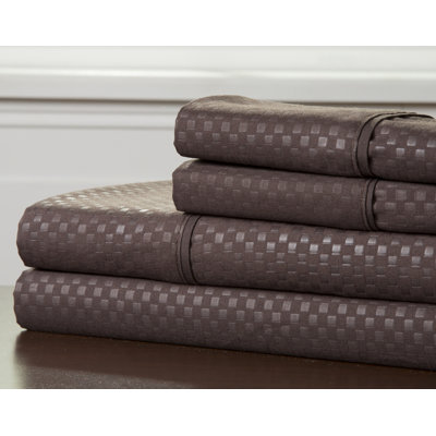 Brushed Microfiber Sheet Set- 4 Piece- Embossed Checkered Bed Linens-Deep Pocket Fitted & Flat Sheets, Plus 2 Pillowcases