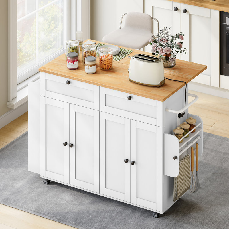 Kitchen Island, 53.1" Rolling Kitchen Island Cart on Wheels with Power Outlet & Drop Leaf, Portable Mobile Island Table with Spice Rack, Towel Rack, Knife Holder, Drawers, White