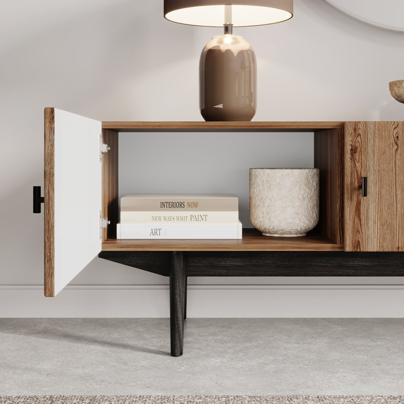 Mid-Century Walnut and Black 59" TV Stand with Cabinet