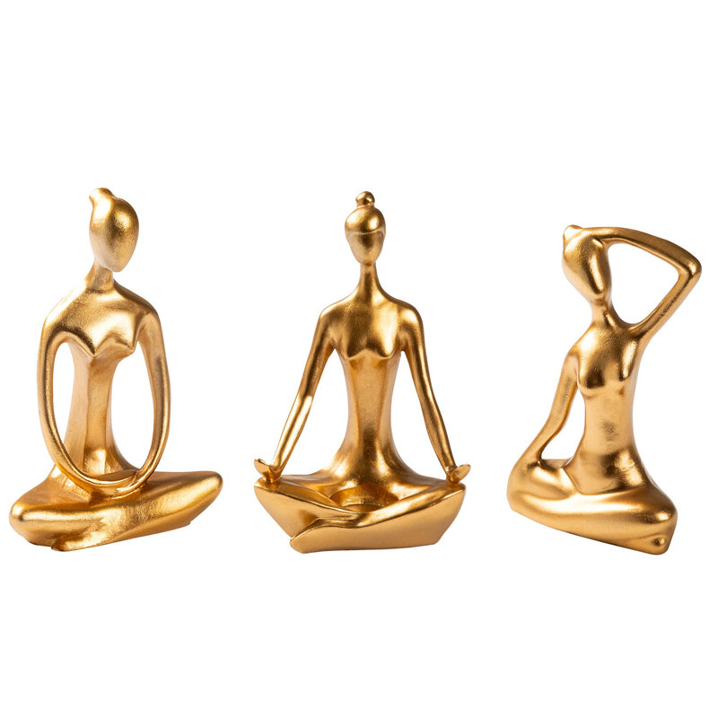 Elegant Decorative Object Set (3 Pieces), Gold Color, Sizes: 5.1 x 3.1 x 7.9 in, 5.1 x 2.8 x 8.3 in, 5.1 x 2.0 x 7.5 in | 100% Polyester | Perfect for Living Room or Office Décor, Stylish & Versatile Design
