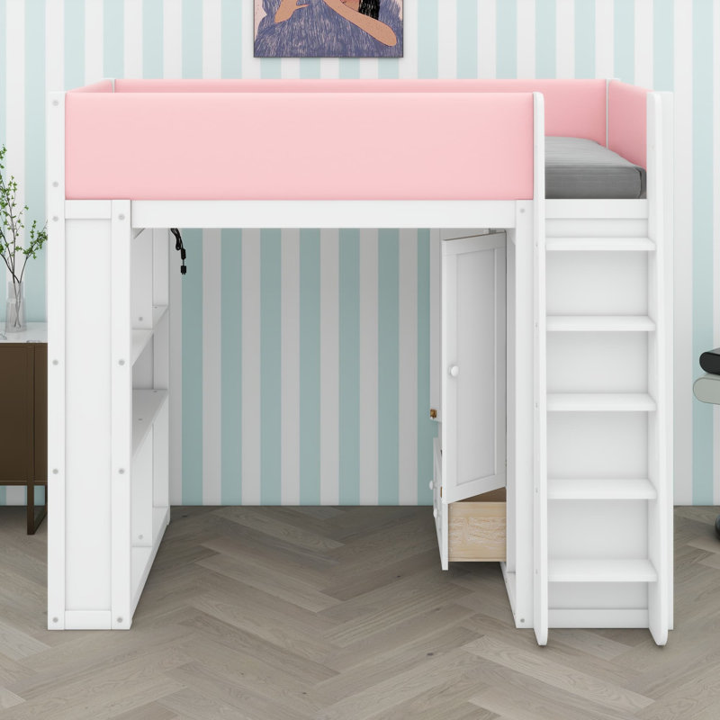 Un lit mezzanine avec armoire intégrée et éclairage d'ambiance structure une chambre moderne et raffinée., Lit simple, Blanc
