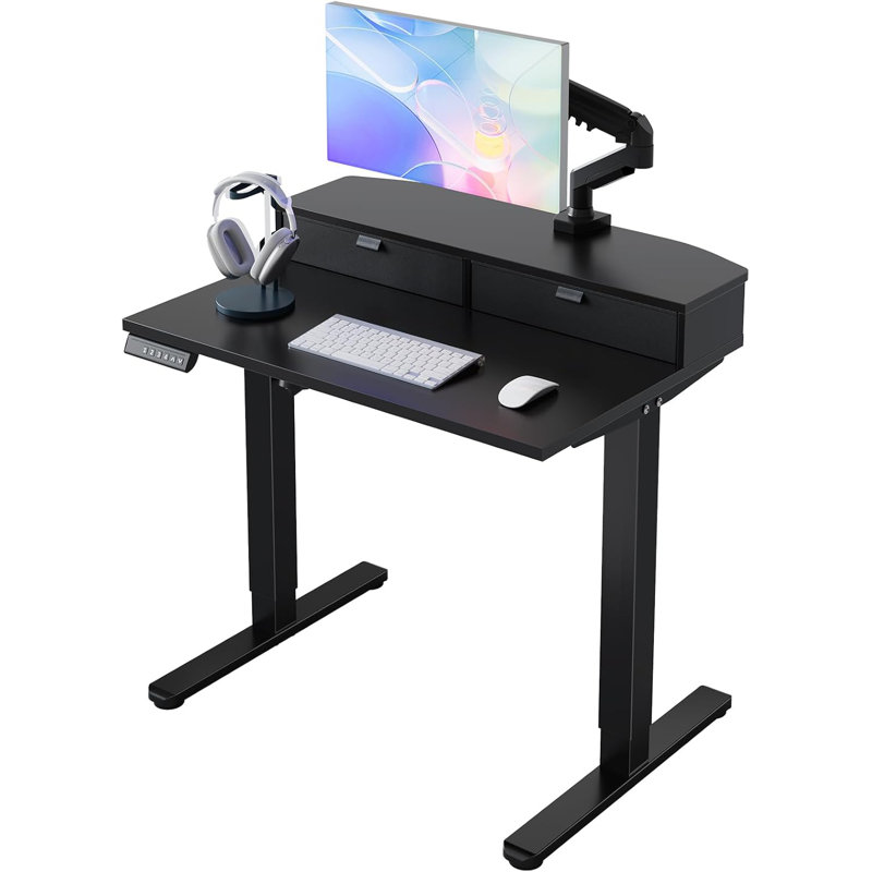 Bureau électrique debout avec 2 tiroirs, compatible avec support à pince en C, bureau à hauteur assise réglable, 4 préréglages de mémoire