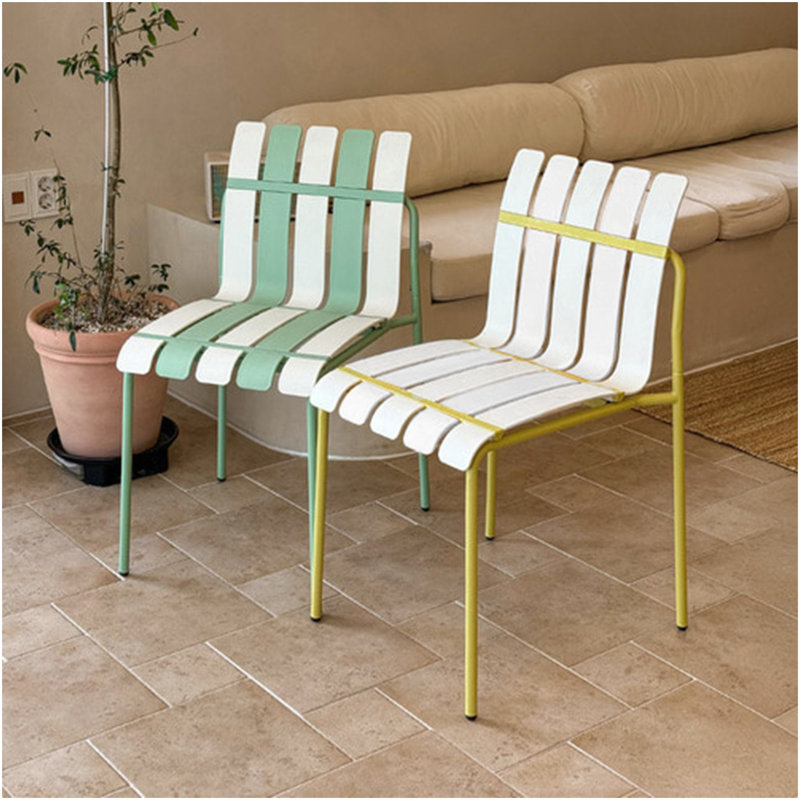 Holiday - 4-Pack Modern Striped Color Block Chairs - Waterproof PP Seat & Sturdy Metal Legs, Indoor/Outdoor Dining Set For Patio, Balcony, Café (White & Yellow)