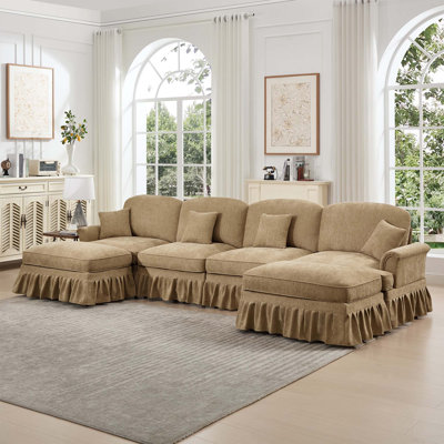 Mid-Century Large 4-Seater Chenille Sofa Couch With Flared Arms, Removable Ruffles Pleats Skirts & 2 Movable Ottoman For Living Room