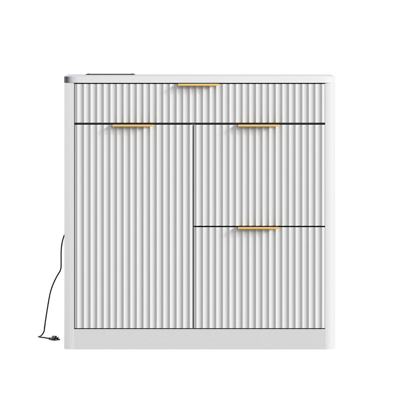 Classeur de bureau moderne autoportant 31 po 31 po, armoire de rangement cannelée blanche avec station de charge de table intégrée, tablettes réglables, grands tiroirs silencieux et poignées en métal, mobilier de rangement polyvalent pour la maison et le bureau