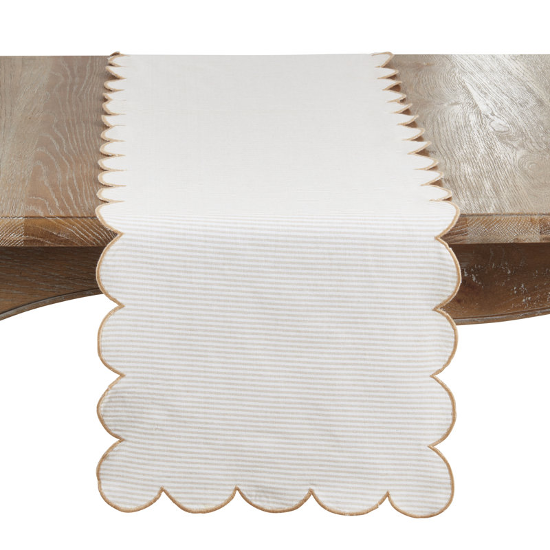 Cotton Striped Scalloped Table Runner – Everyday Woven Table Runner for Dining & Console Tables, 16"x72", Ivory