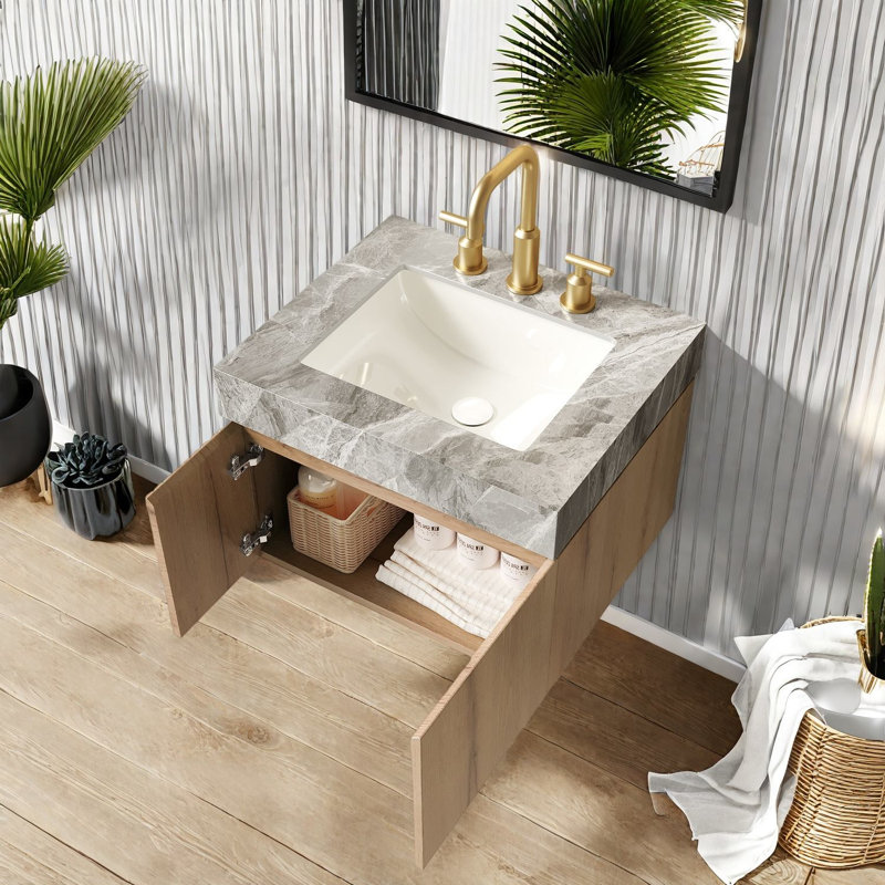 Dans un meuble-lavabo et un lavabo flottant, rangement de salle de bain moderne en contreplaqué