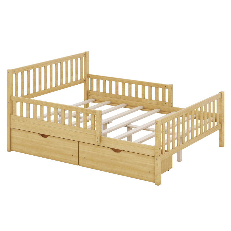 Lit plateforme double en bois avec deux barrières de sécurité et deux tiroirs de rangement