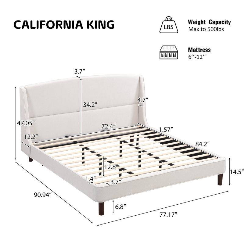 Warrick King Size Upholstered Platform Bed Frame with Wingback Headboard | No Box Spring Needed, California King