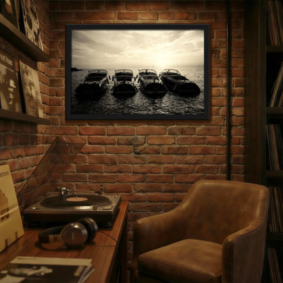 Fashion Four Boats Floating On Calm Water At Sunset