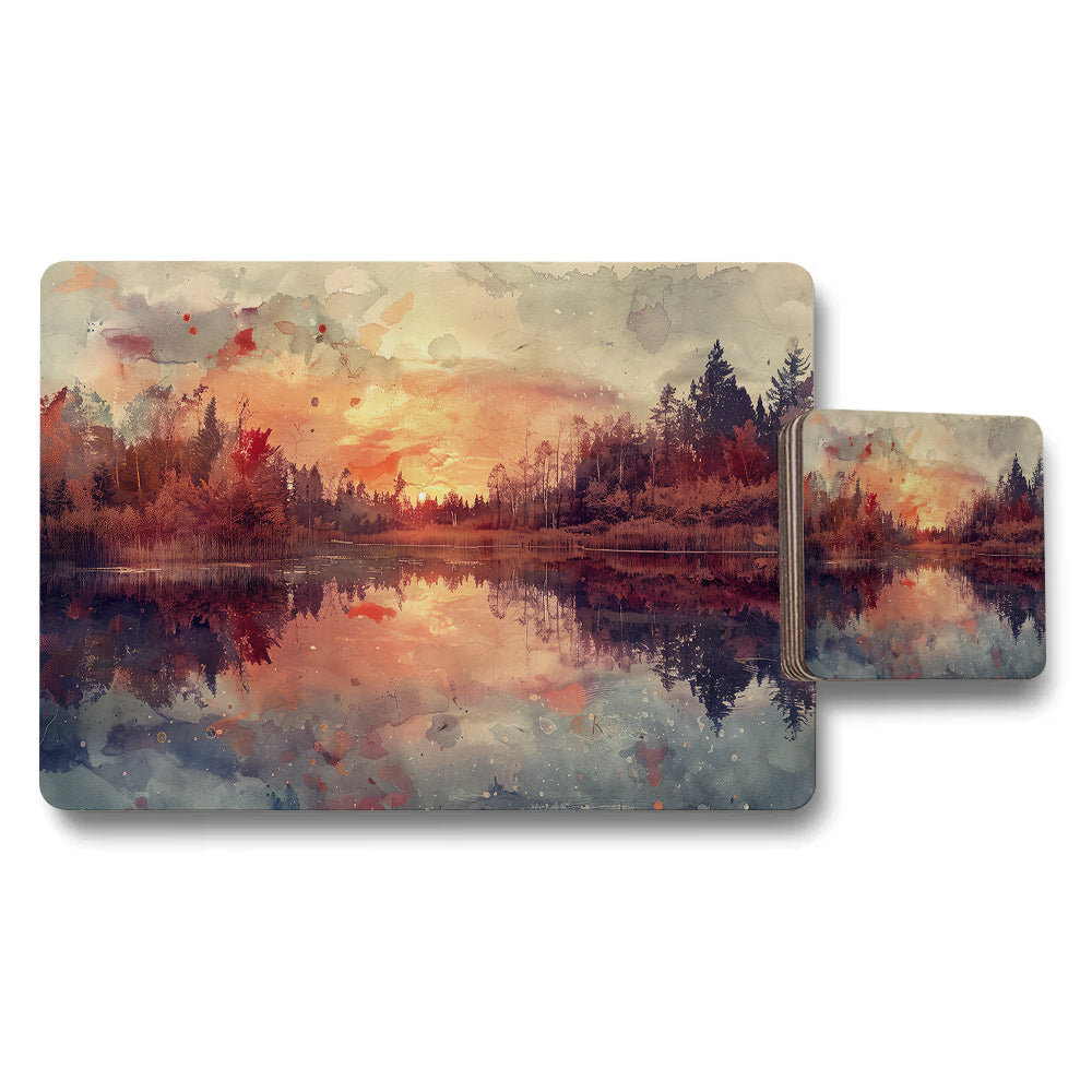 Autumn Lakeside Placemats And Coaster Set Watercolor Sunset