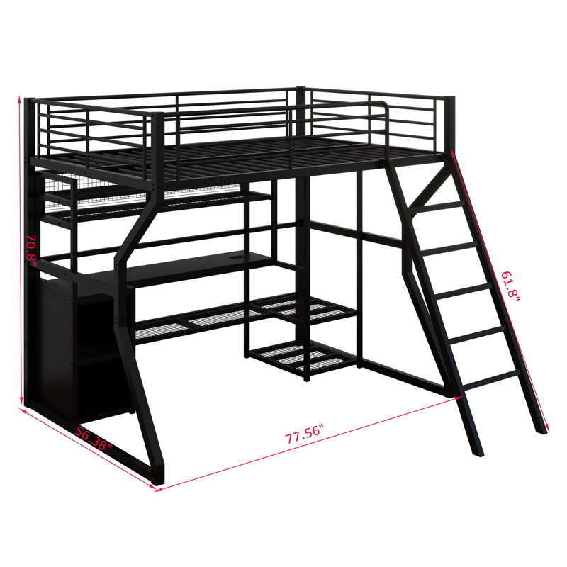 Full Size Metal Gaming Loft Bed With Built-In Work Station, Open Wardrobe, LED And Multiple Storage