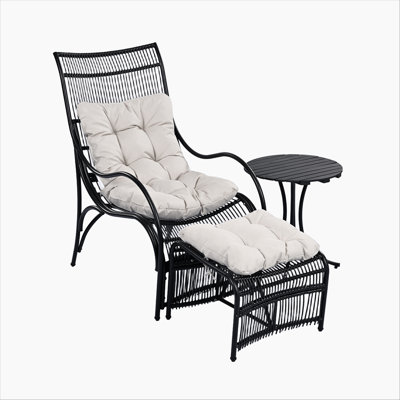 3 Pieces Wicker Outdoor Patio Furniture Set with Lounge Chair, Balcony Chairs Table Set with Cushions, Ottoman, Patio Conversation Sets for Garden ,Deck,and Porch