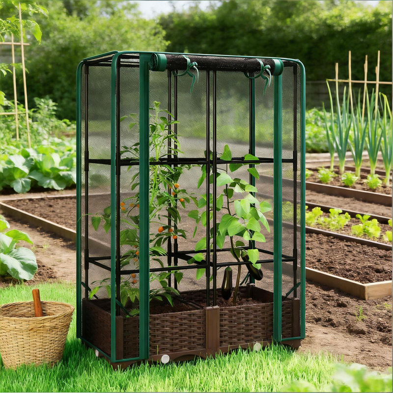 Outdoor Plant Box,Garden Bed With Trellis,With Cover,Drainage Holes And Zipper Door, Brown/White, 46.5" H x 31.5" W x 15.7" D