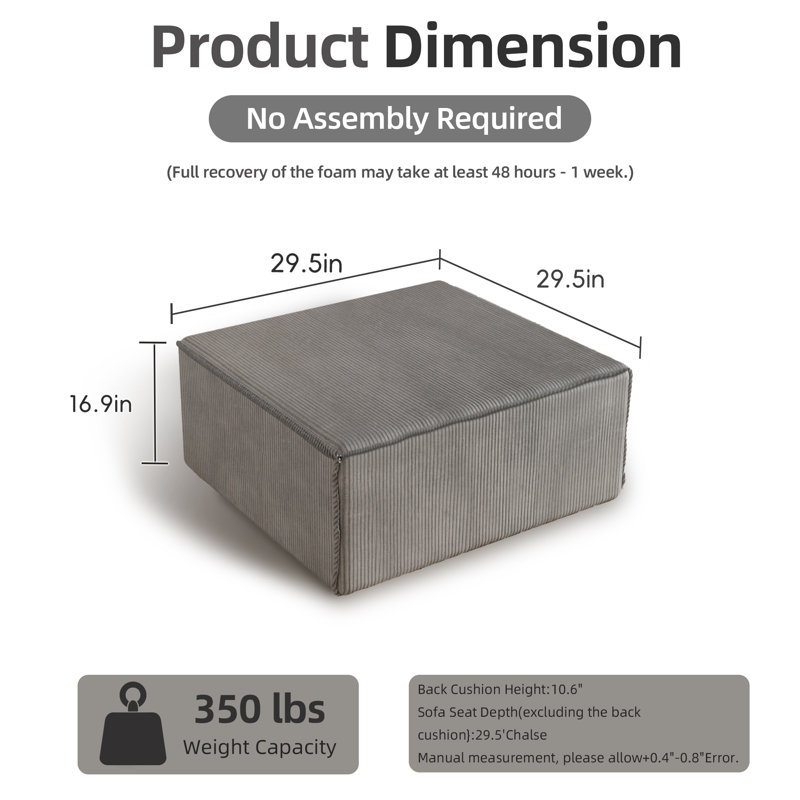 Repose-pieds surdimensionné de 29 po rembourré avec compression, aucun assemblage requis, Gris