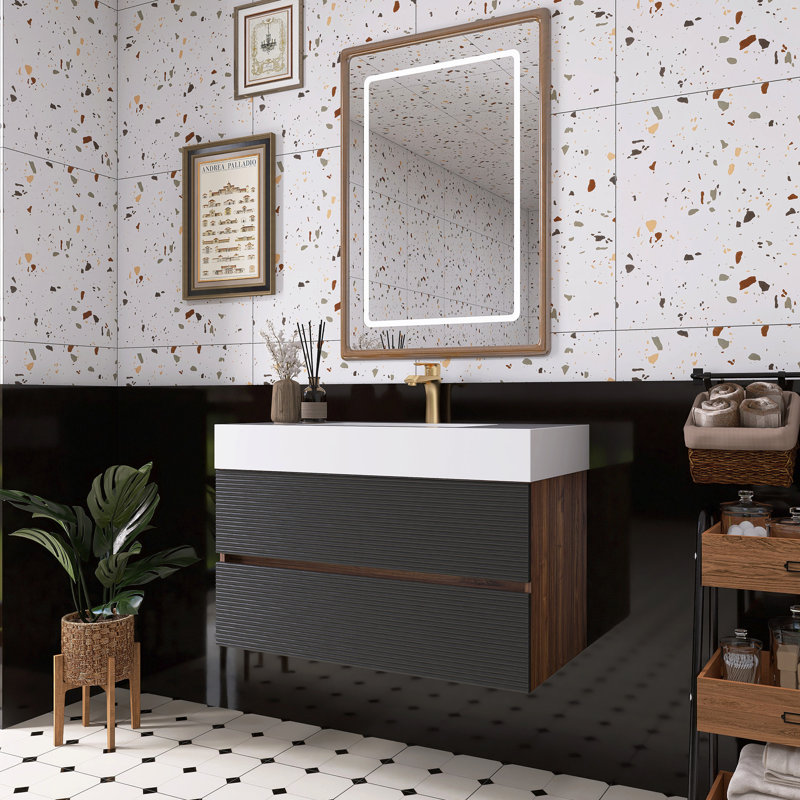 Meuble-lavabo en noyer avec lavabo à surface solide blanc brillant, 36"