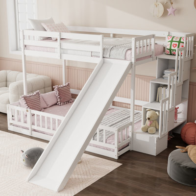 Lit simple superposé au-dessus d'un lit double avec glissière et escalier de rangement, lit superposé en bois massif pour enfants avec garde-corps, blanc