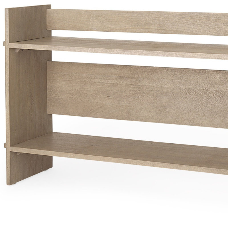 Console en bois massif gris clair vieilli de 193 cm avec tablette