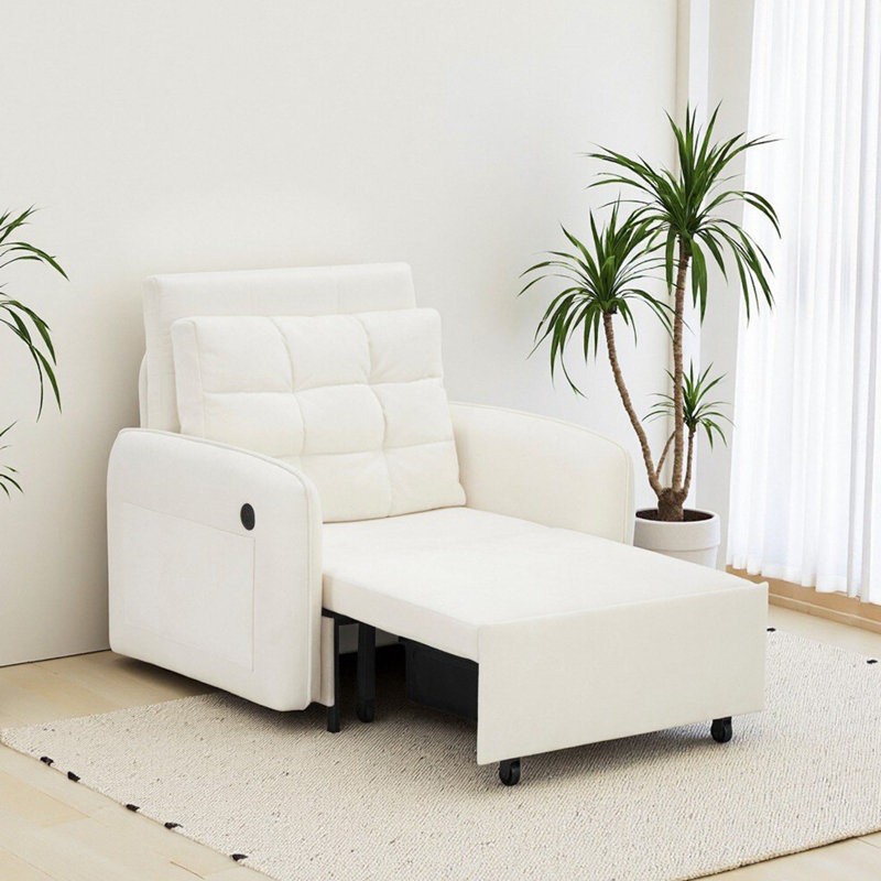 Lit simple en chenille avec charge USB, poches de rangement et boîte pour le salon, Beige