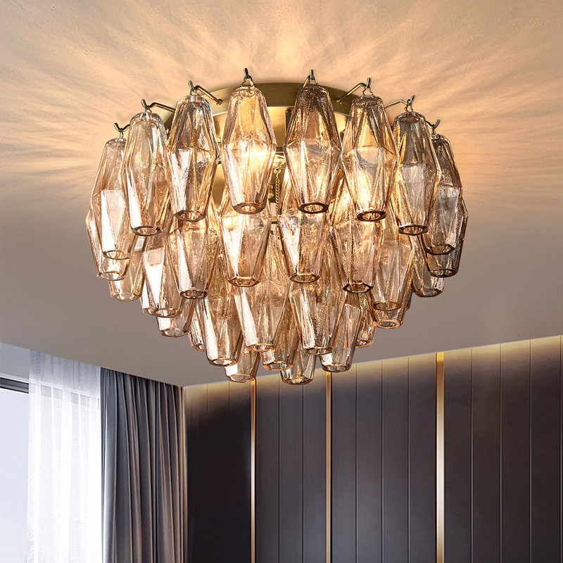 Plafonnier en cristal, H 11 po x l 17 po x P 17 po, Trois lumières, Doré