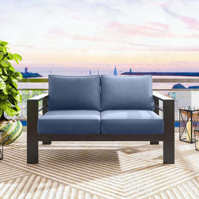 50" All-Weather Aluminum Patio Loveseat with Thick Blue Cushions and Black Frame