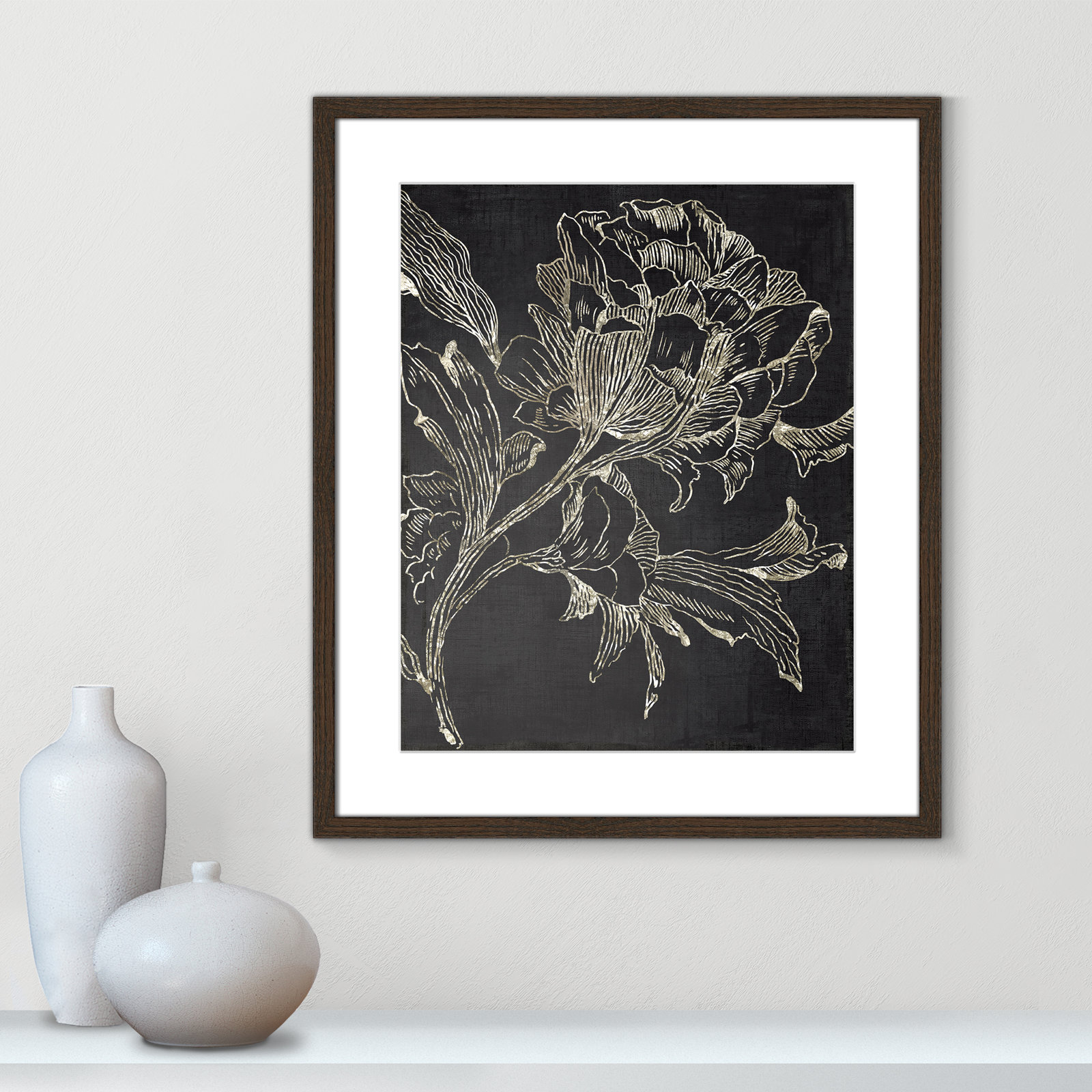Golden Flower Folklore I by Asia Jensen - Picture Frame Graphic Art Print, Walnut Framed, 25.5" H x 21.5" W