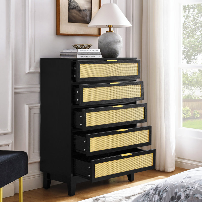 Commode à 5 tiroirs de chambre à coucher, commode en bois moderne en rotin avec espace de rangement spacieux pour le couloir de la chambre à coucher (commode)