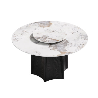53" Round Sintered Stone Dining Table With Base, 6, 23.62" Turntable, Stain & Attractive Design White Table, Stable Black Oak Base For 6, Rotatable Disk, Fashionable