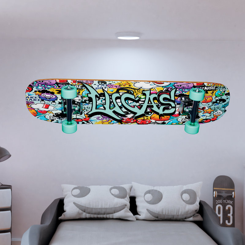 Custom Name Skateboard Wall Decal, Personalized Peel and Stick Skateboard Décor Sticker, Yes, 26" H x 94" W