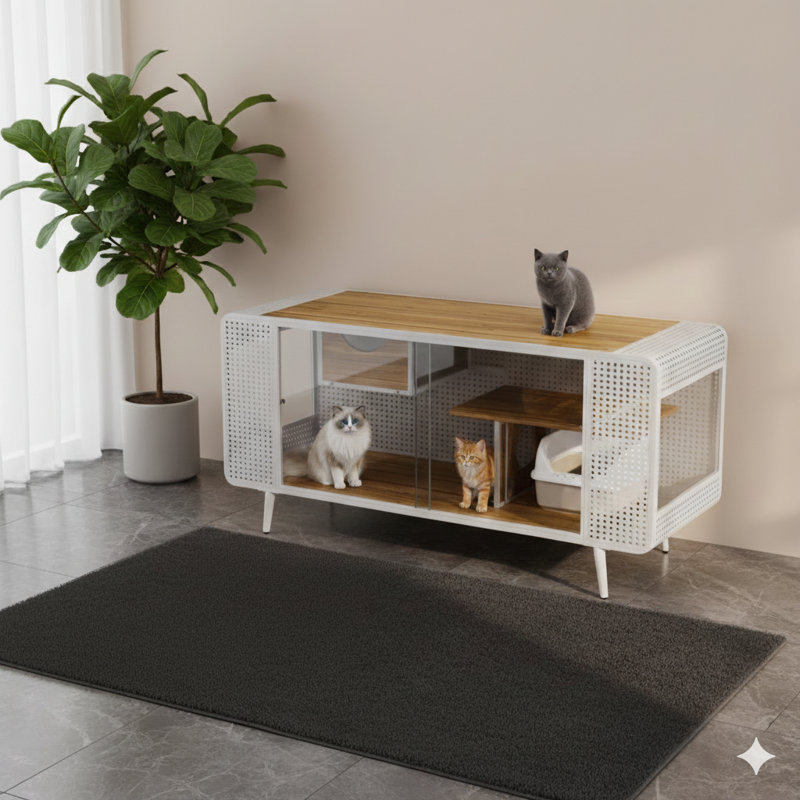 Habitation féline de taille généreuse mesurant 55,12 pouces, avec des panneaux en verre trempé. Convient pour les espaces de vie, les couloirs, les bureaux ou tout autre espace intérieur similaire. Finition en blanc.