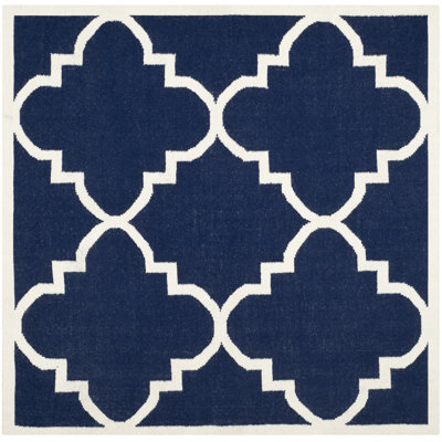 Rodgers Hand Woven Flat Weave Wool/Cotton Geometric Rug in Navy/Ivory