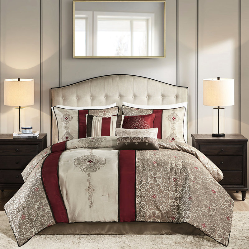 Ensemble de literie pour grand lit 7 pièces - très grand édredon rouge avec coussins décoratifs, Red