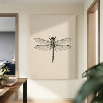 Étude de libellule dessinée à la main, art linéaire sur toile, impression sur châssis entoilé 61 x 91 cm, décoration murale entomologique en noir et blanc pour salon, bureau et chambre