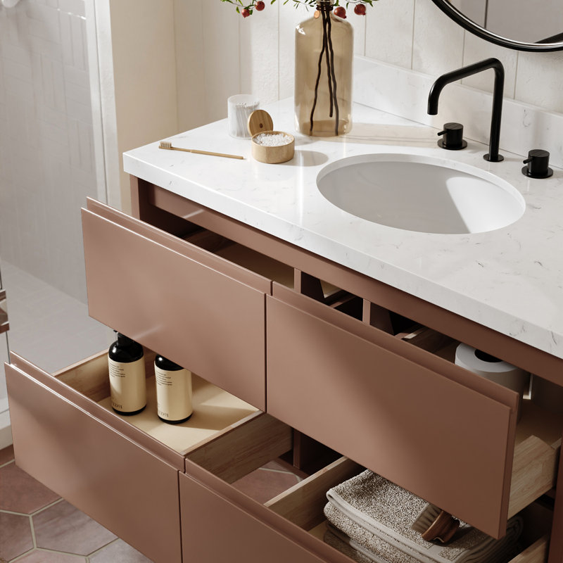   Ensemble de meuble-lavabo mural ovale simple 42 po avec comptoir en quartz Carrara de 1,5 po Ensuko, Ovale, Moka
