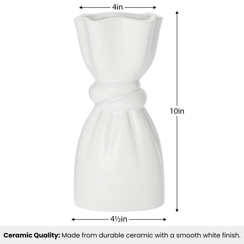 Charmaine 10" Cinched Knot White Ceramic Vase, White