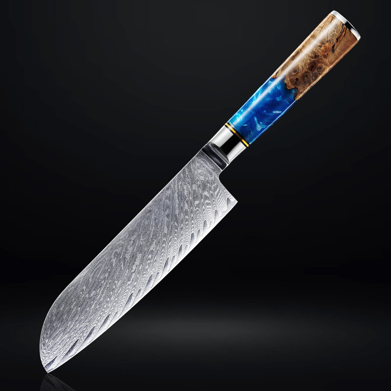 «Tsunami» Couteau japonais Santoku en acier Damas de 7 po avec poignée en bois de résine bleu