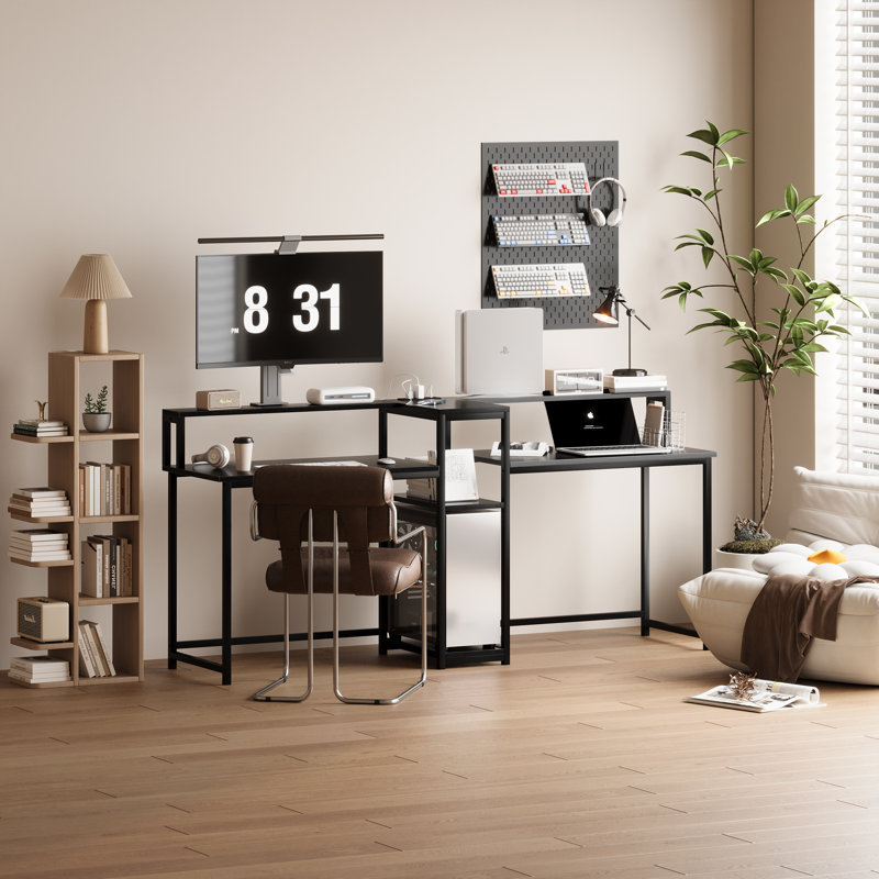 Industrial style oversized multi-layer computer desk. Computer desk with multiple layers, dual storage area gaming table, storage rack