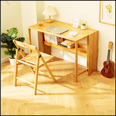 Bamboo Folding Desk, Space-Saving Computer Desk for Small Spaces, Foldable Study Table for Bedroom, Home Office, Dorm, Apartment